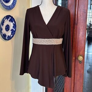 J.T.B. | Y2K Faux Wrap V-Neck Top w/Beaded Band at Waist & Asymmetrical Hem, M